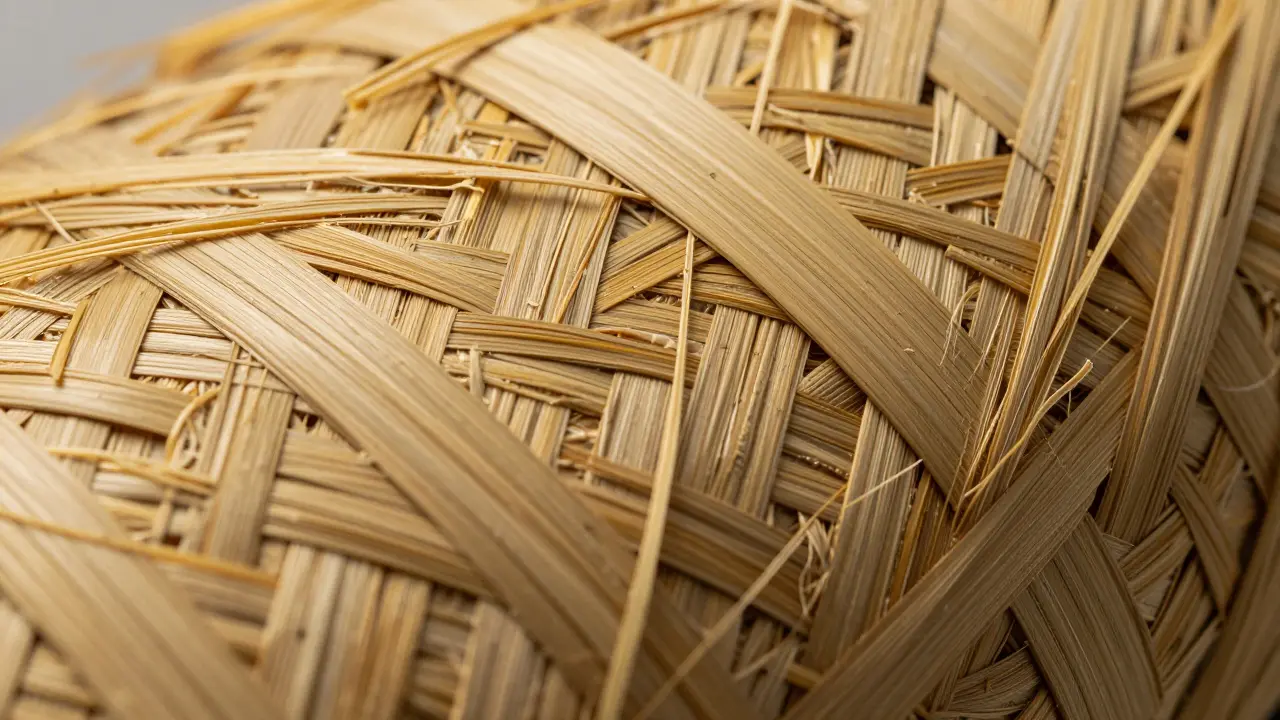 Detailní makro pohled na strukturu komprimovaných vláken bambusu.