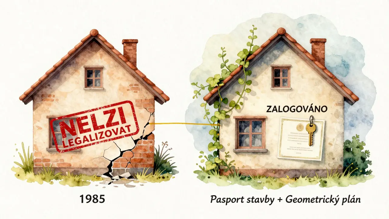 Dvě strany jedné přístavby: jedna nelegální a zanedbaná, druhá zlegalizovaná s certifikátem a klíčem.