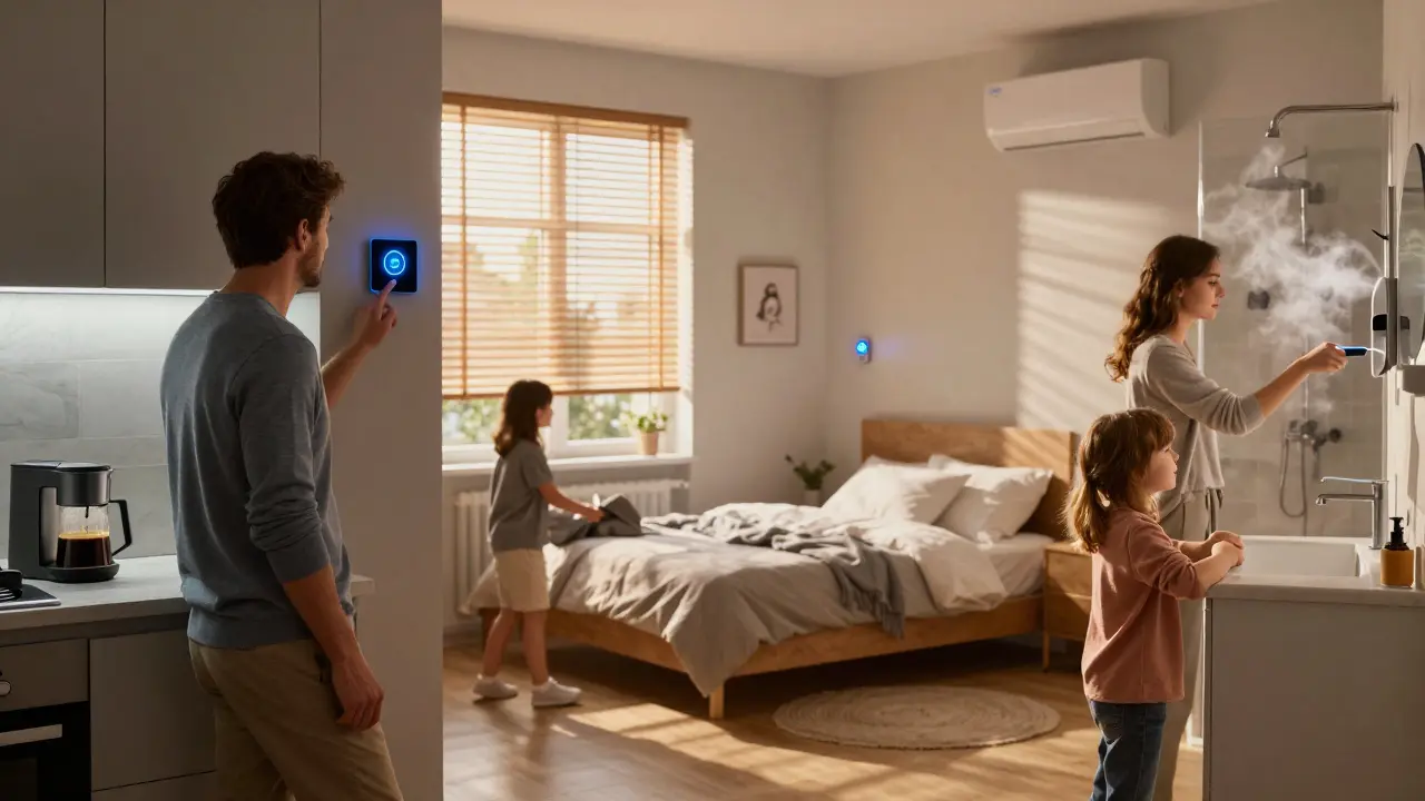 Family in different rooms experiencing automated smart home responses like lighting and music.
