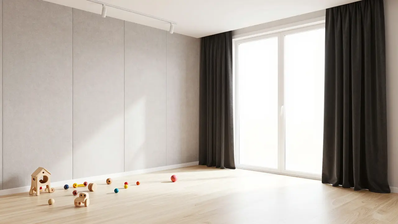 Interiér kombinující akustickou výplň a závěsy u okna.