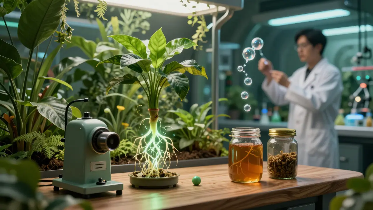 Interiérová zahrada s živými kořeny a přípravky pro ekologické hnojení.