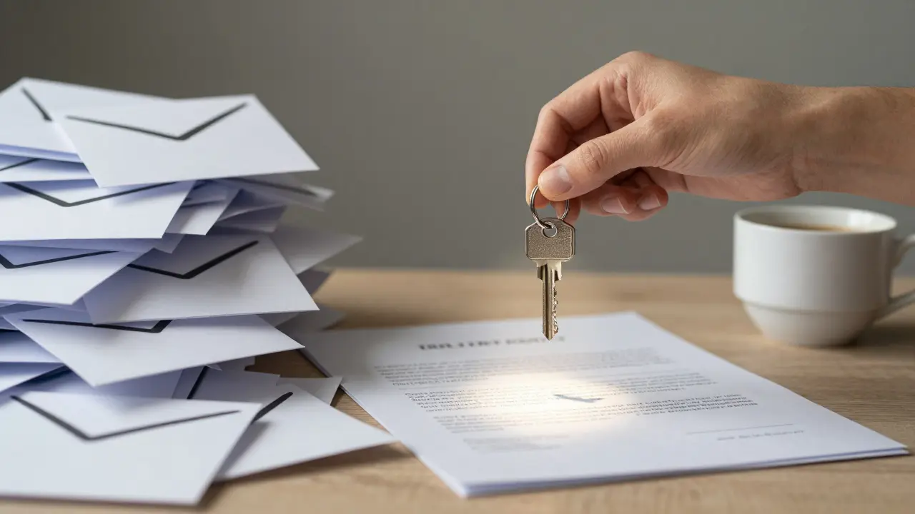 Klíč na klidném stole vs. chaos písem — symbolizuje přechod od stresu k jasnosti.