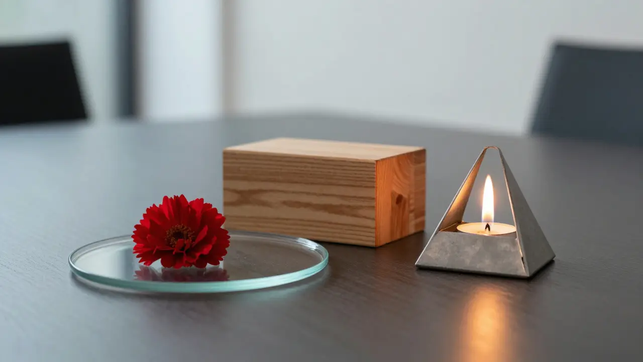 Kontrastní tvary na stole: kruhový talíř, obdélníková krabička a trojúhelníkový držák svíčky v přirozeném osvětlení.