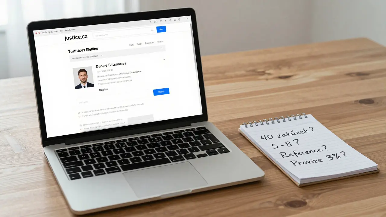 Laptop s ověřeným živnostenským listem na justice.cz a poznámky o provizi a počtu zakázek.