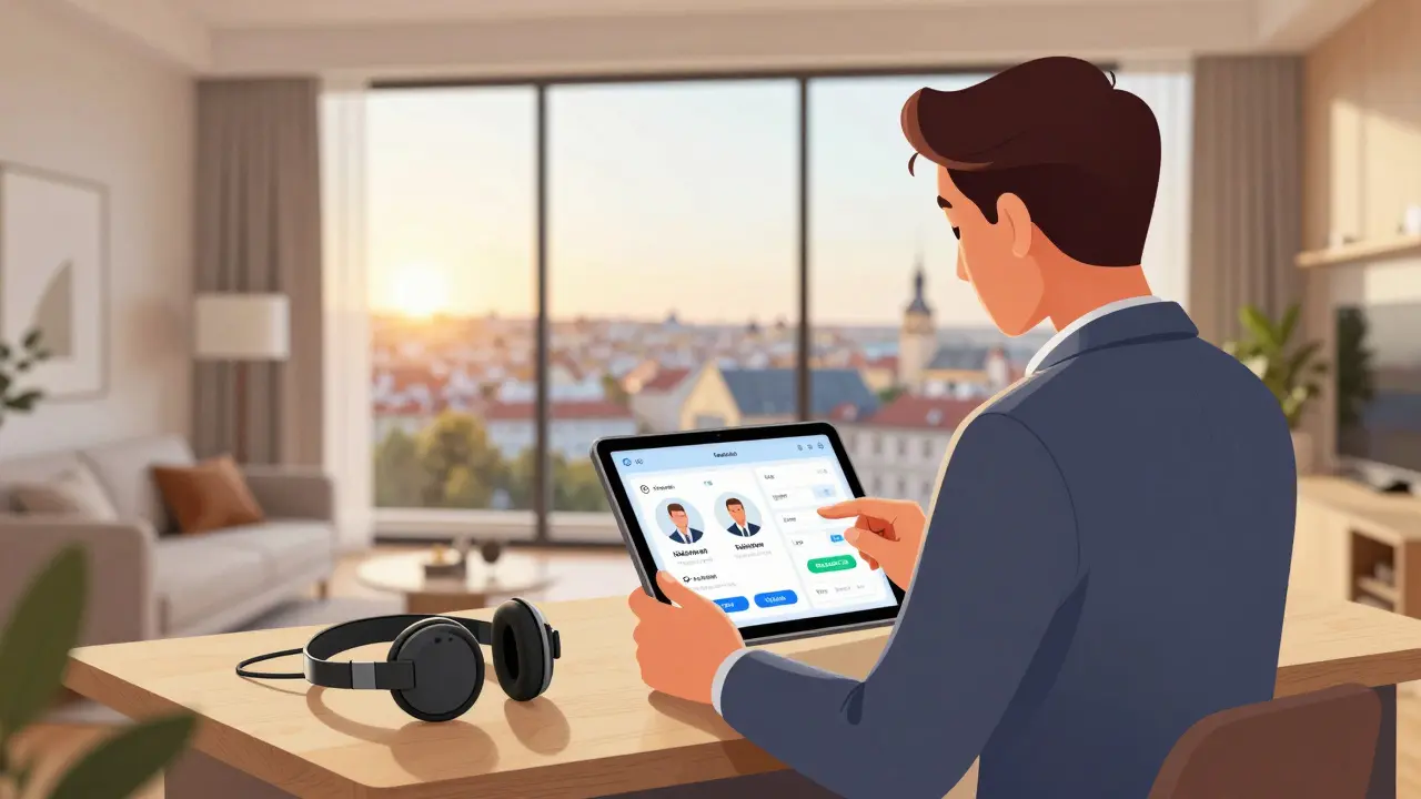 Makléř sleduje reálné statistiky prodeje nemovitosti na tabletu ve stilizovaném bytě.