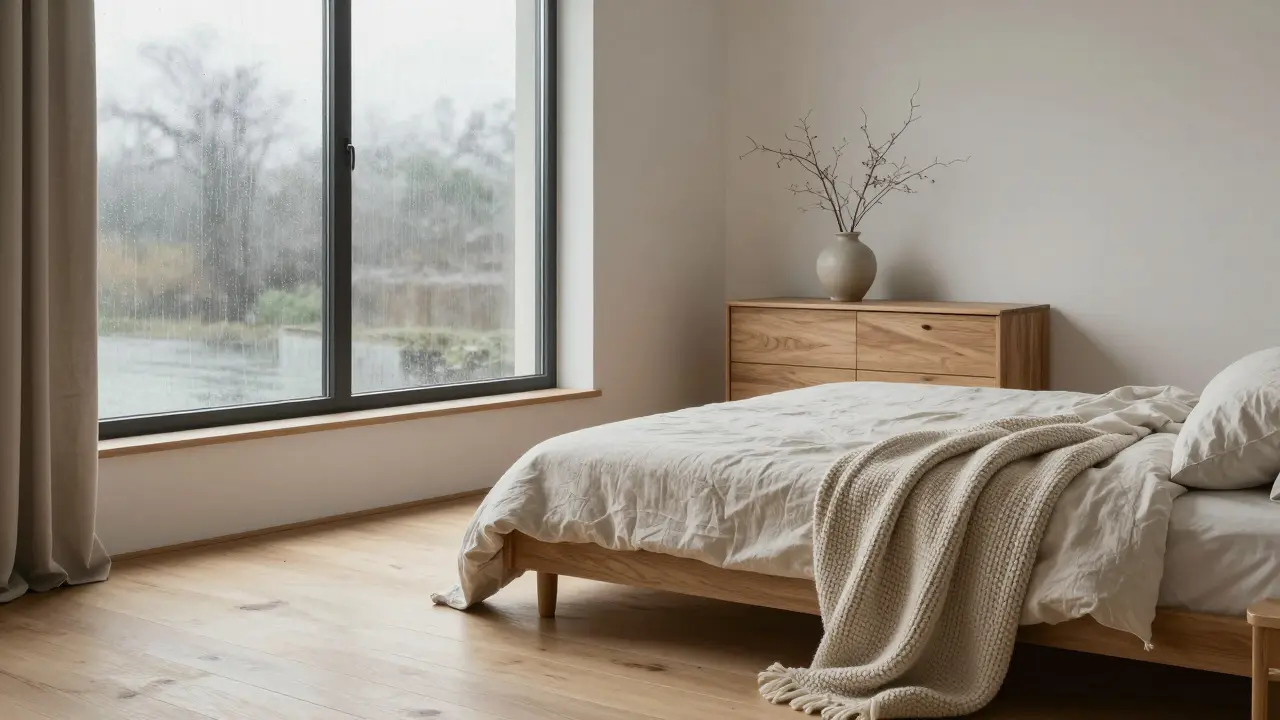 Minimální skandinávská ložnice s dřevěnými podlahami, suchými větvemi a bělým povlečením, osvětlená denním světlem.