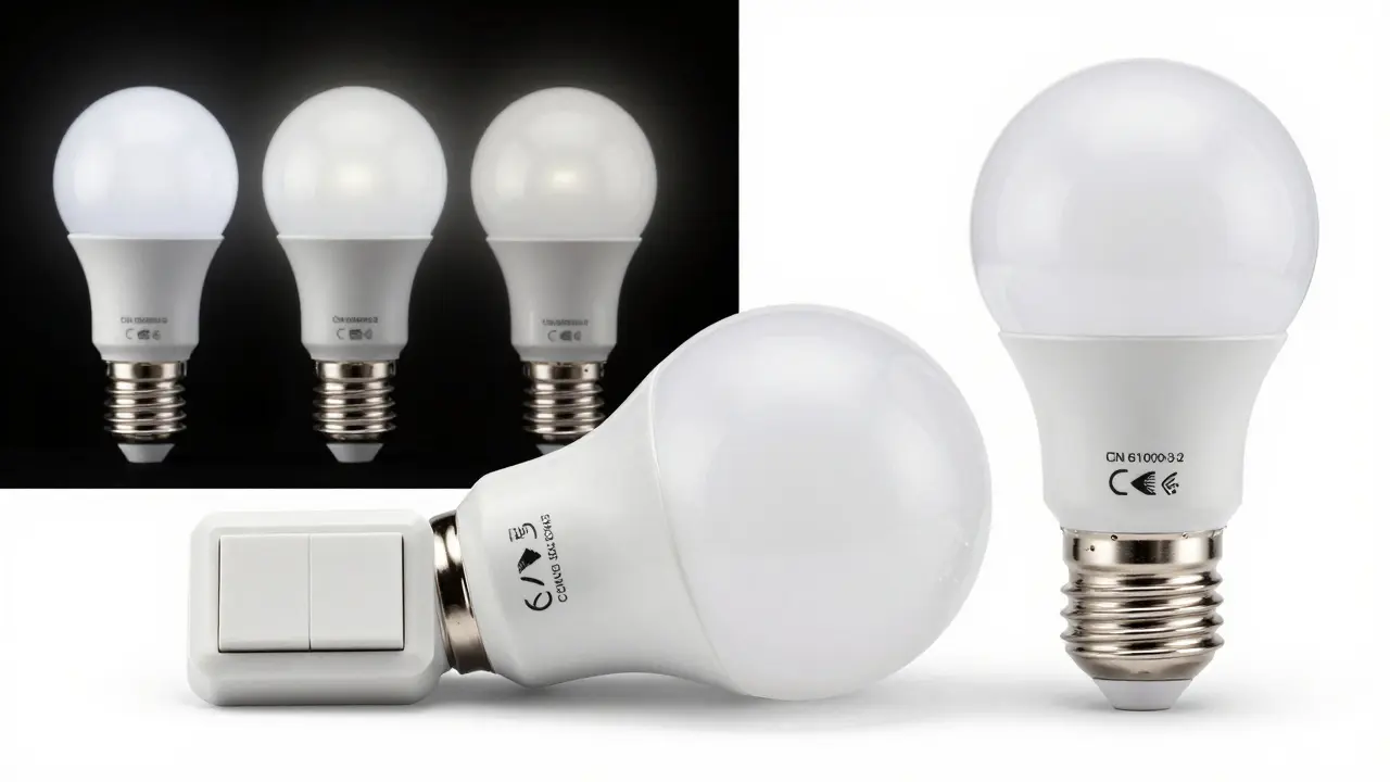 Moderní stmívač a kompatibilní LED žárovka s certifikačními značkami a porovnáním stabilního a blikajícího světla.