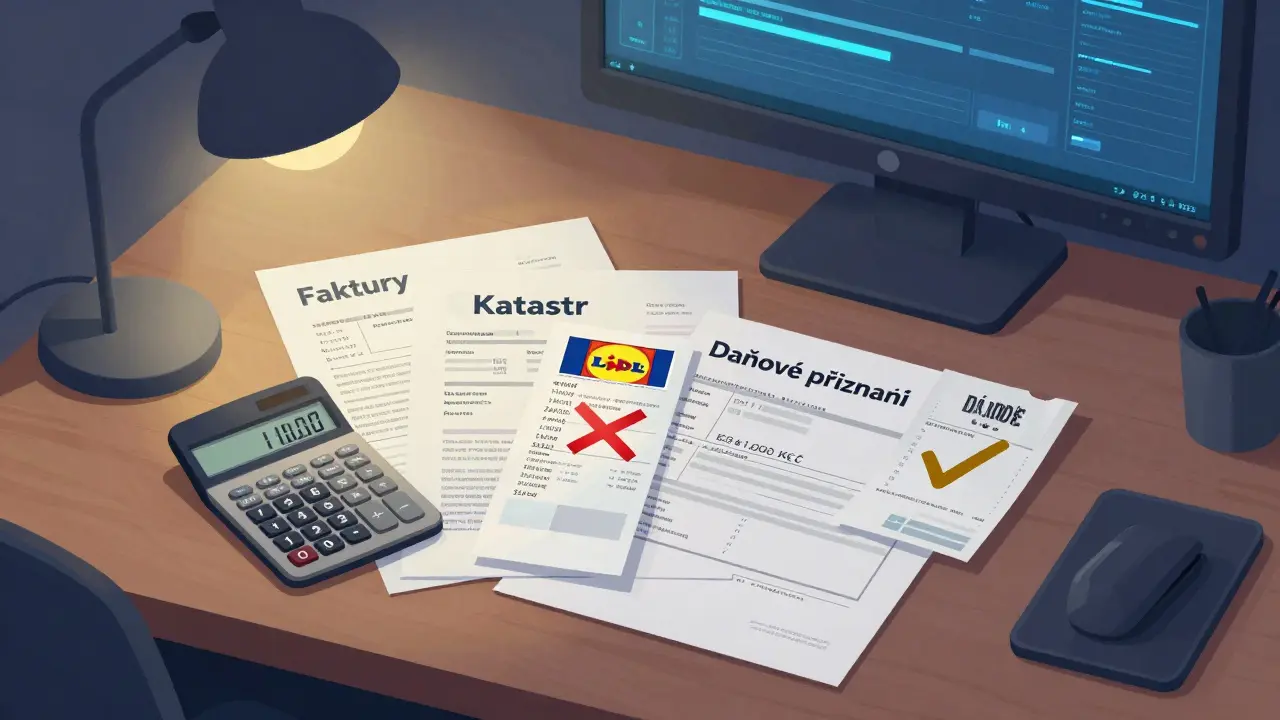 Pisací stůl s dokumenty, účtenkami a kalkulačkou zobrazující špatný výpočet daně, s důrazem na neplatné doklady.