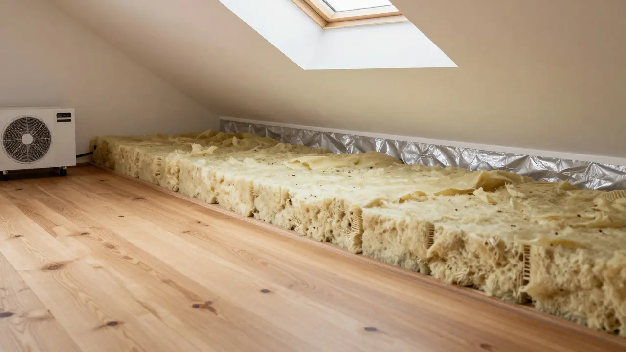 Podlaha na půdě s vrstvami izolace, parobrzdou a tepelnou omítkou, s větrací jednotkou na pozadí.