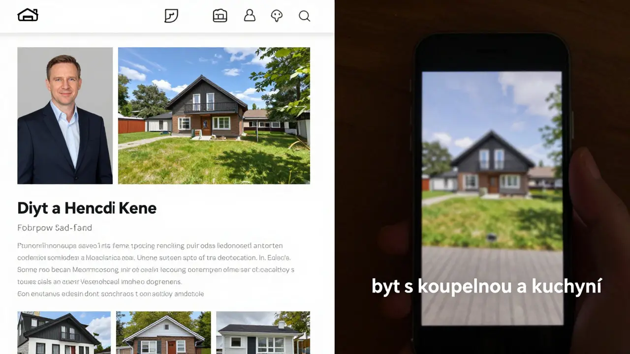 Porovnání profesionálního inzerátu s nekvalitní fotkou nemovitosti na stejné obrazovce.