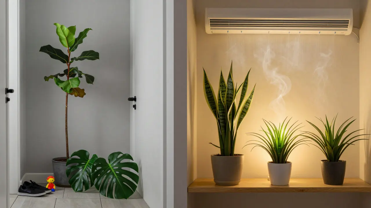 Porovnání špatné a dobré péče o rostliny v hale: zhýralé vs. zdravé rostliny.