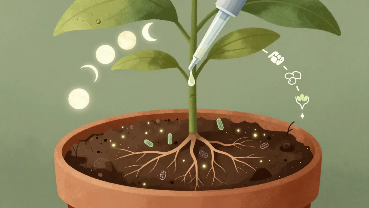 Příčný řez květináče s mikroorganismy v půdě a kapkou bio-přípravku.