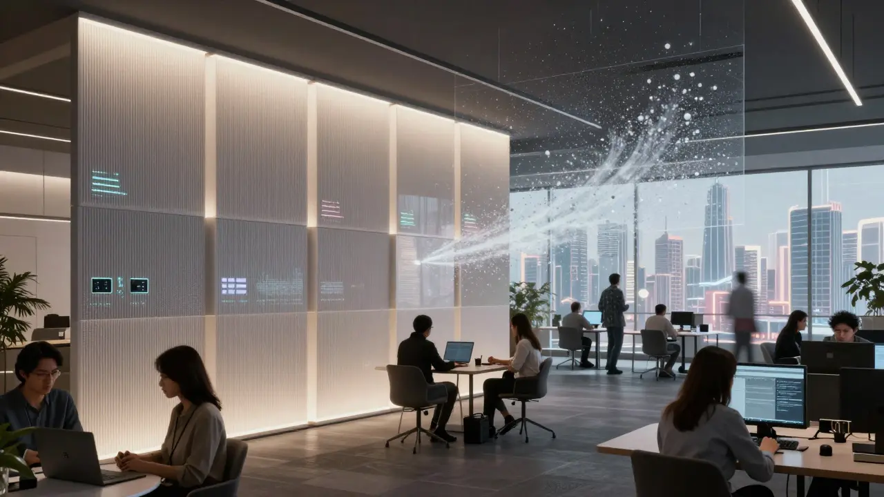 Smart acoustic panels with embedded sensors and photocatalytic coating improving air quality and sound absorption.