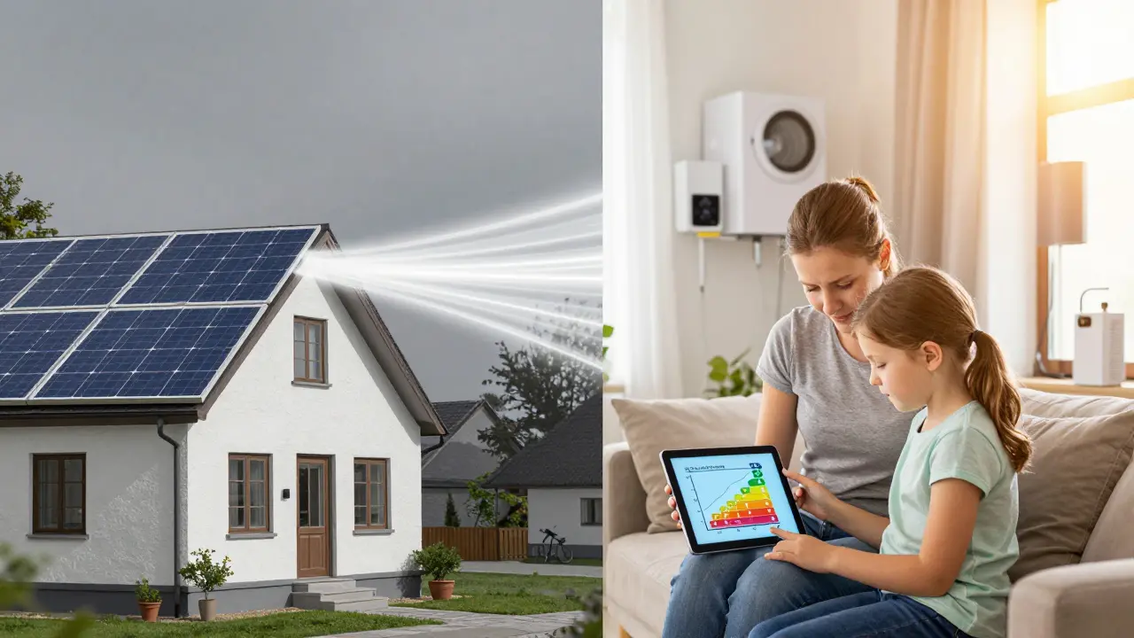 Split-screen: wasted solar energy vs. smart home using energy efficiently with 40% savings graph.
