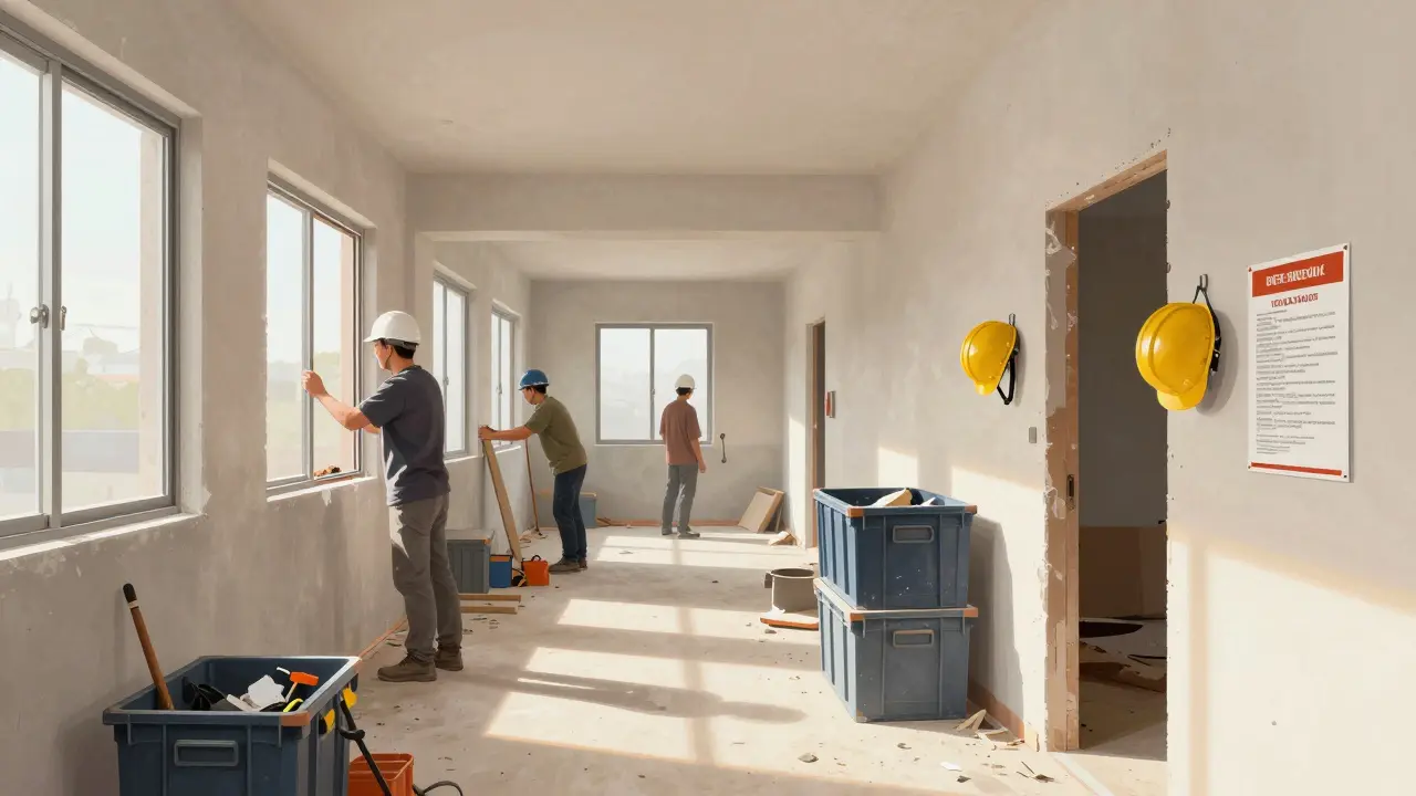 Stavební pracovníci zabezpečují přístupy v bytě během rekonstrukce, s kontejnery na odpad a bezpečnostními opatřeními.