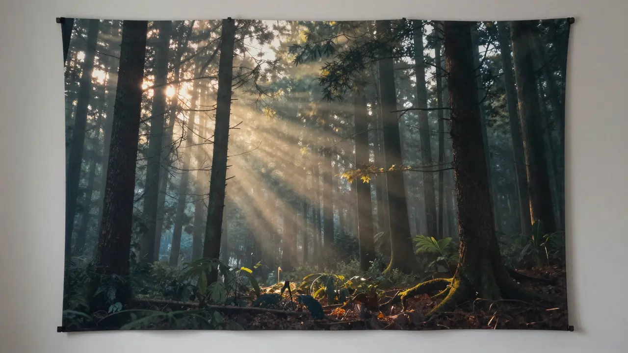 Stěna pokrytá textilní plochou s digitálním tiskem, který se mění s osvětlením místnosti.