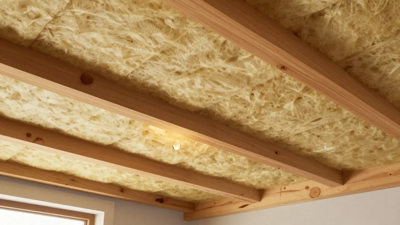 Strop nad nevytápěným sklepem s tvrdými izolačními deskami mezi trámy.