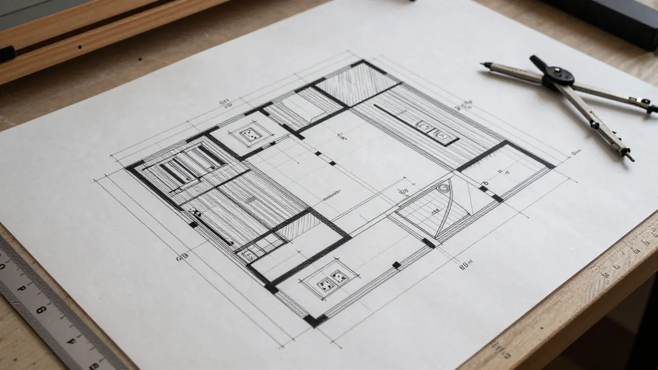Technický výkres interiéru s přesnými rozměry a popisy materiálů pro rekonstrukci.