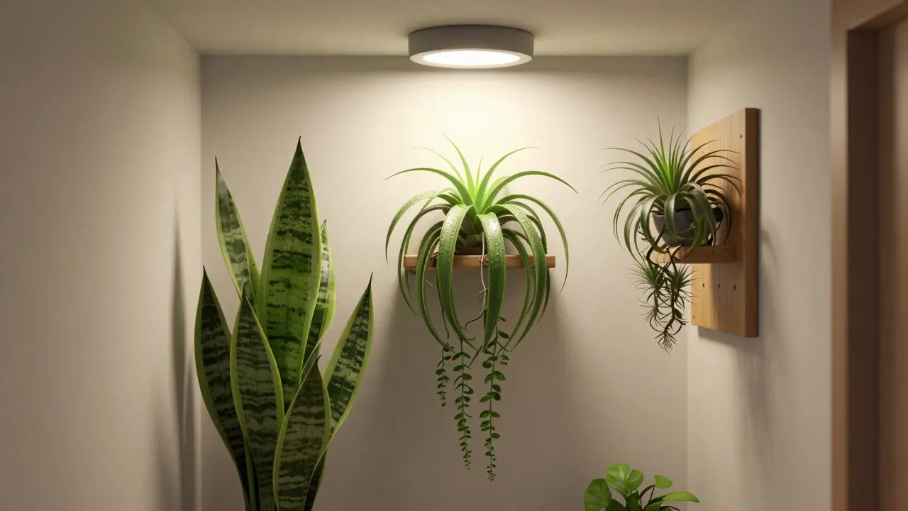 Tři odolné rostliny v hale: Sansevieria, Chlorophytum a Tillandsie na polici a stěně.