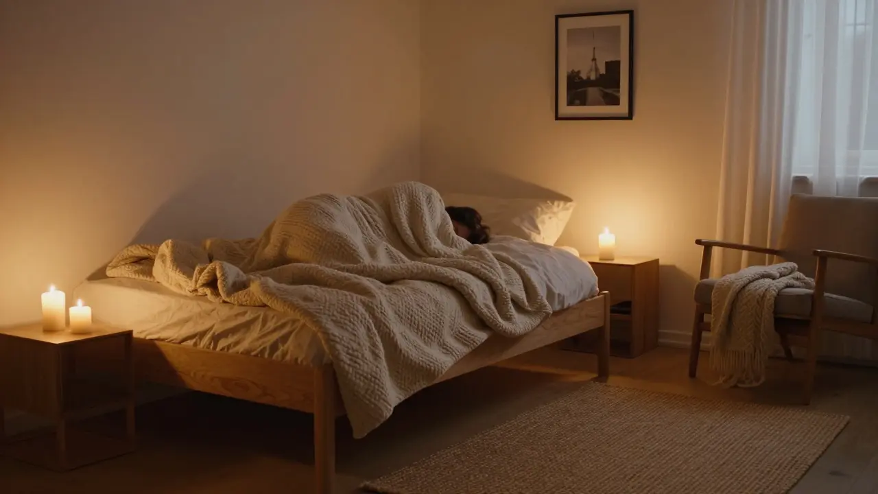 Večerní scéna v ložnici s člověkem pod dekou, teplým osvětlením a přírodními materiály, klidná atmosféra.
