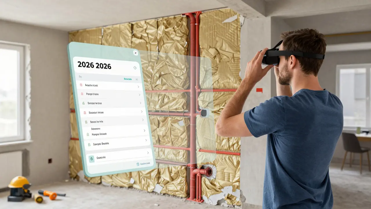 Vlastník používá AR brýle během rekonstrukce bytu, aby viděl skryté rizika jako vodovodní potrubí a asbest.