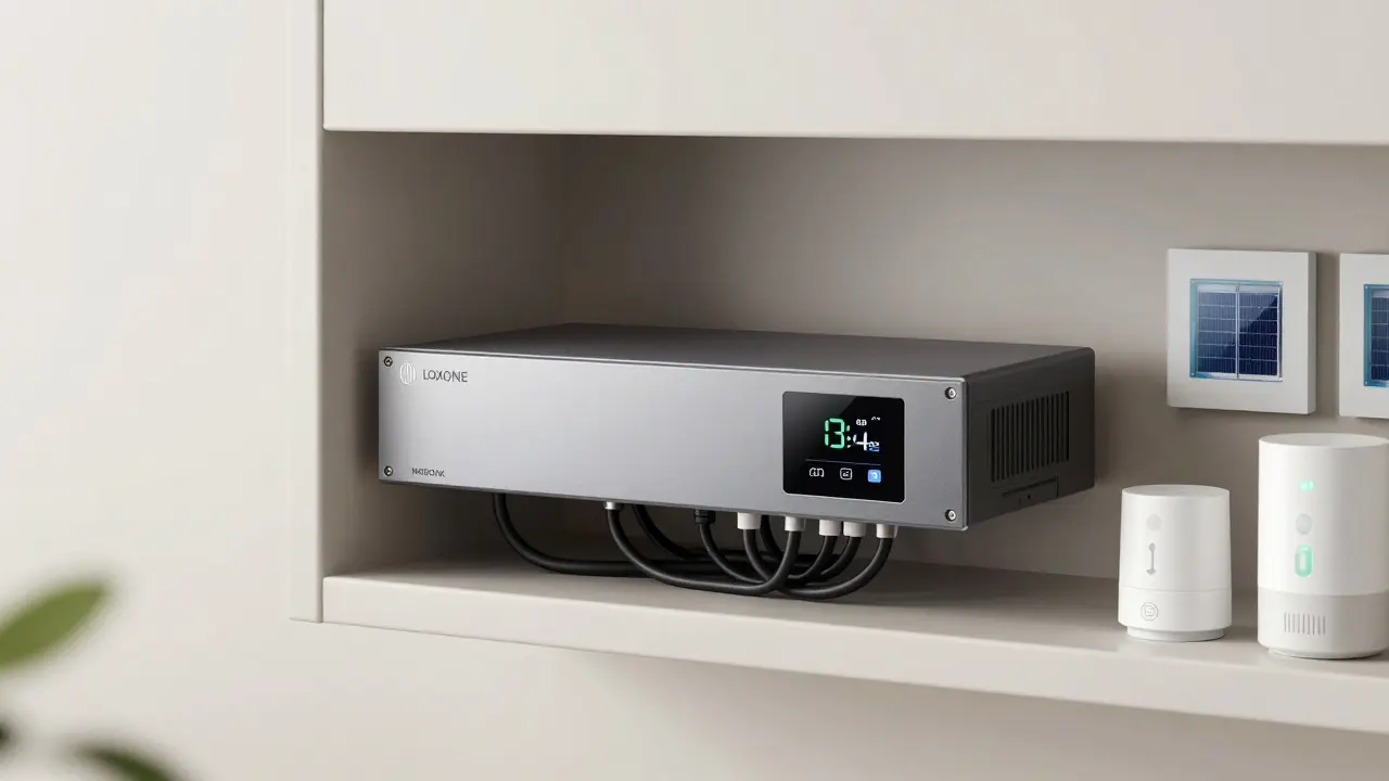 Wall-mounted Loxone hub with connected smart devices, hidden in cabinet, showing energy flow.