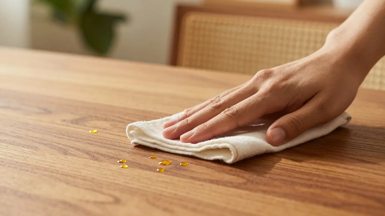 Detail nanášení ochranného oleje na povrch dřevěného stolu.