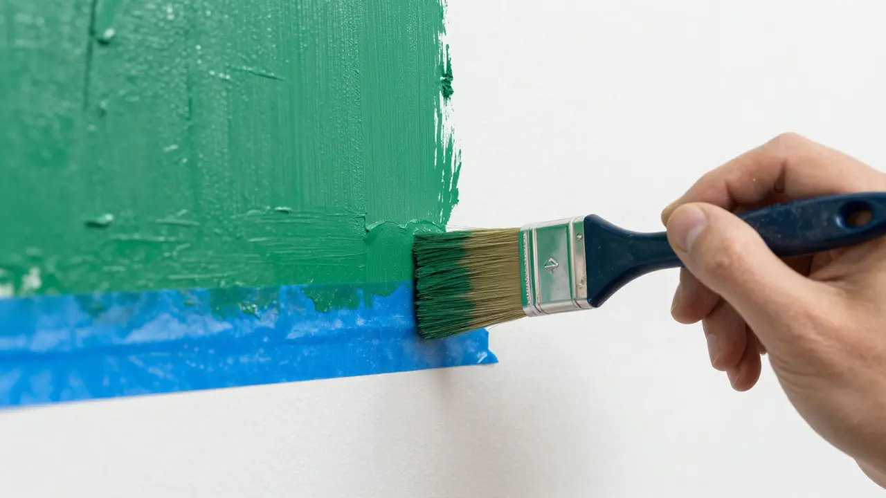 Detail nanášení zelené barvy na stěnu s použitím malířské pásky pro přesnou hranici.