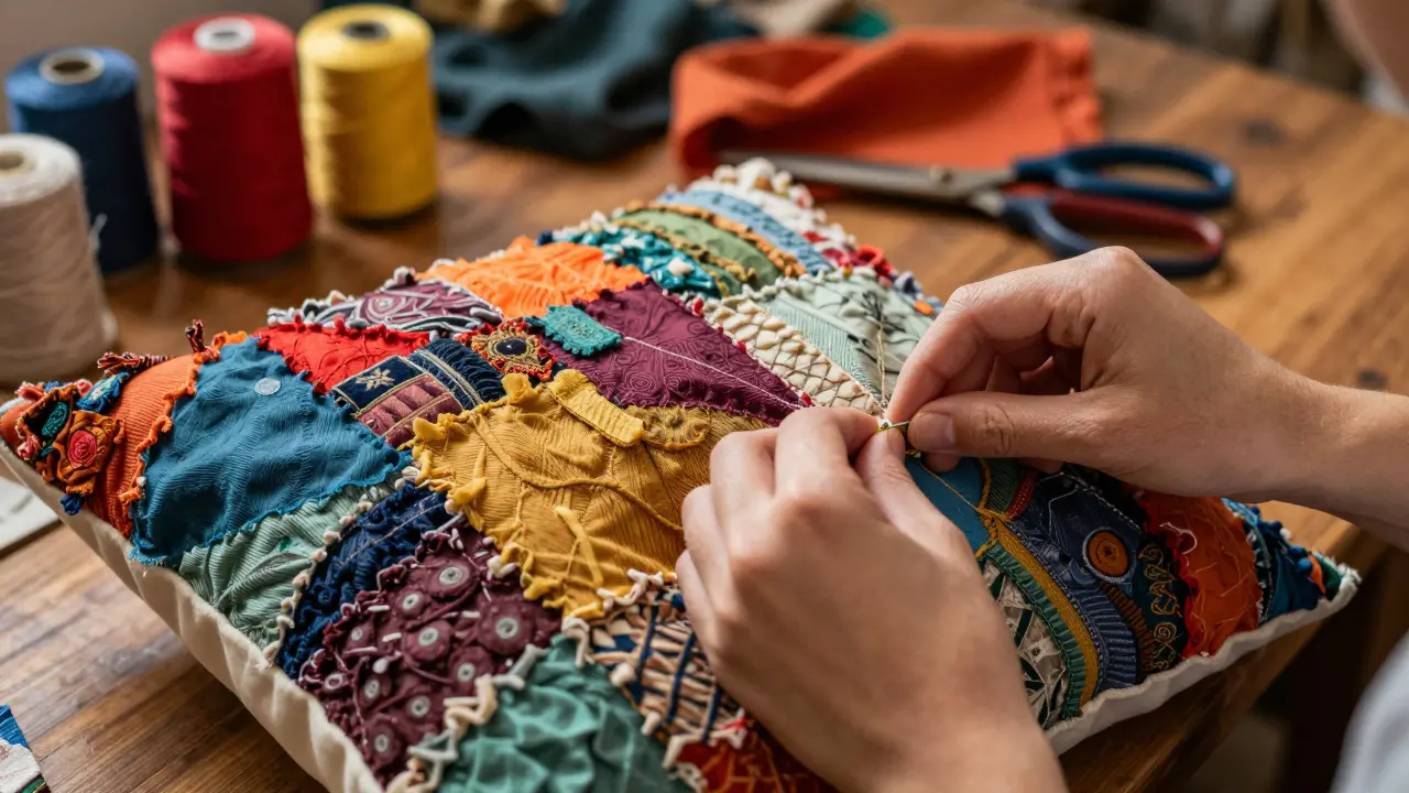 Detail rukou šijících dekorativní polštář z recyklovaných zbytků textilií.