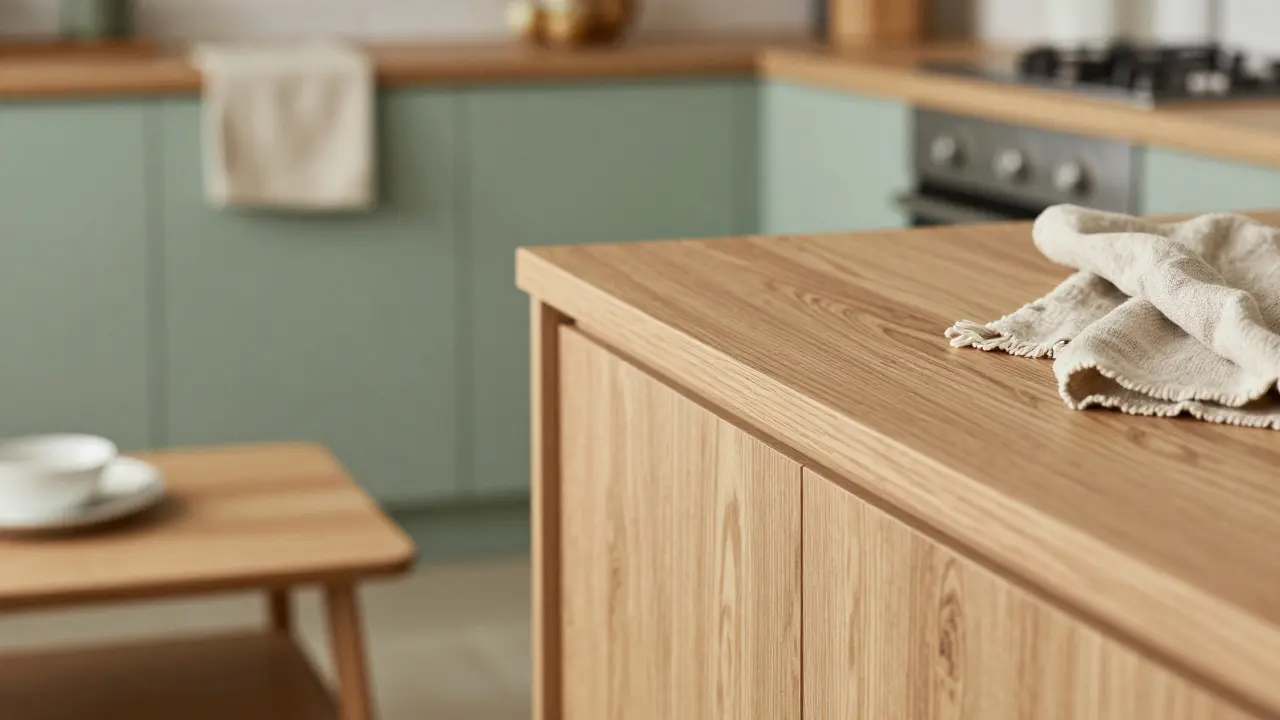 Detail sladěného světlého dřeva a uklidňující šalvějové zelené v interiéru.