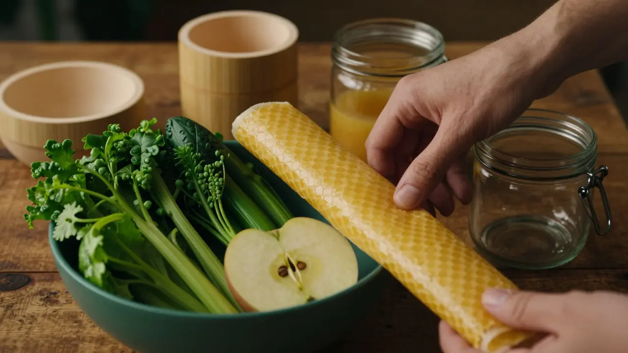 Detail voskovaného ubrousku na zelenině vedle bambusových a skleněných obalů.