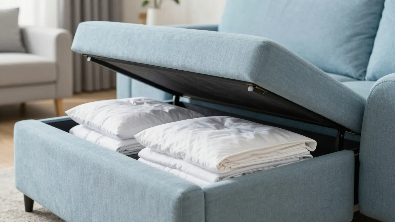 Detail vyklápěcího úložného prostoru v pohovce s uloženým lůžkovinami.