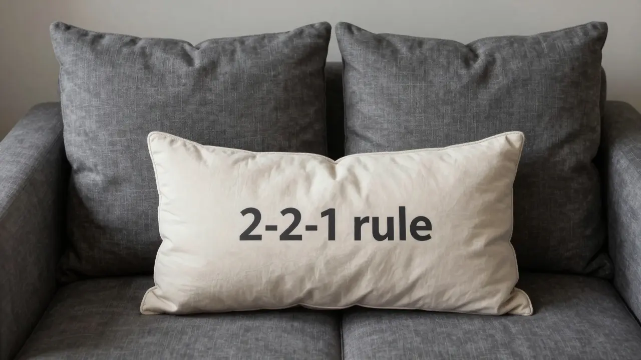 Detailní pohled na vrstvení polštářů různých velikostí a textur na šedém pohlaví gauče.