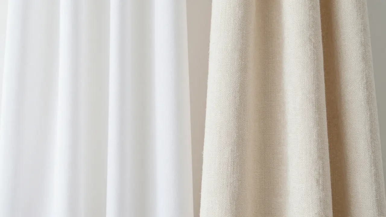 Detailní srovnání hladkého polyesteru a texturovaného lněného materiálu závěsů.