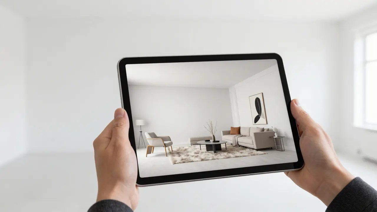 Digitální fotostaging prázdného bytu pomocí tabletu s 3D renderem interiéru.