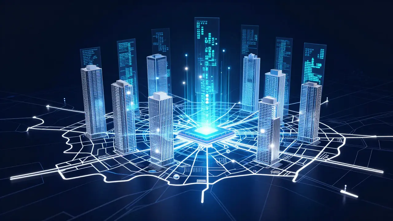Digitální holografická mapa města s datovými vrstvami znázornující algoritmus pro oceňování.