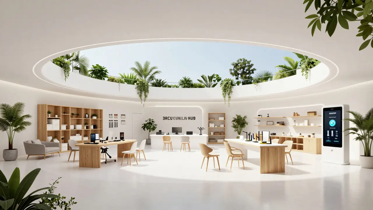 Futuristické centrum cirkulárního bydlení s prostorem pro opravy a pronájmy nábytku.