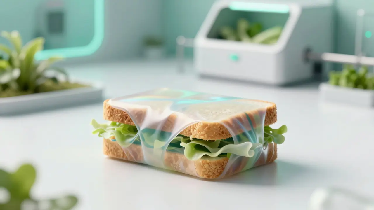 Futuristický biologicky rozložitelný obal z řas na sendviči v čistém prostředí.