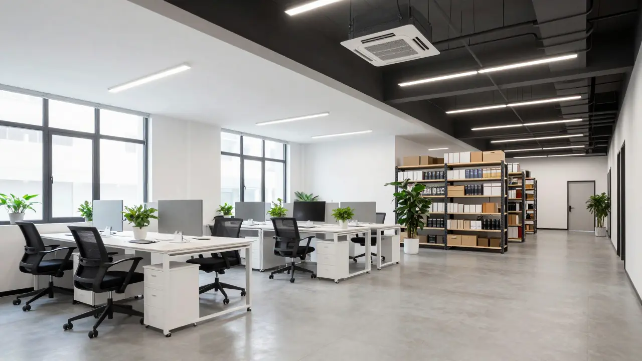 Interiér hybridního prostoru kombinující moderní kancelář a sklad.