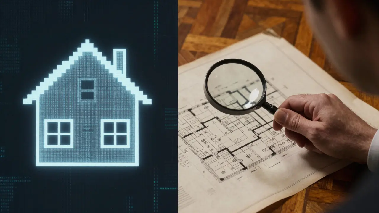 Kolaž kombinující digitální model domu a expertní ruční kontrolu historických detailů nemovitosti.