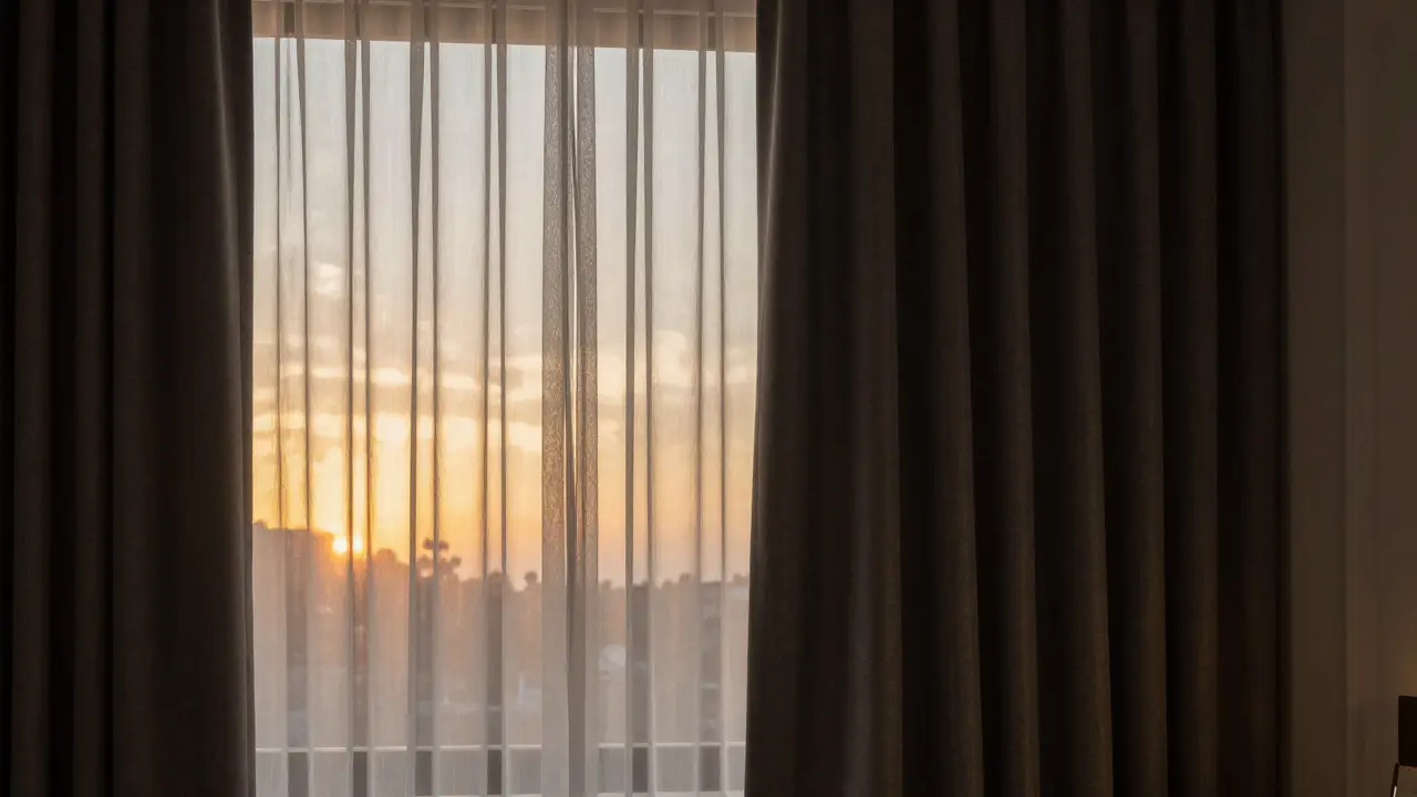 Kombinace jemných průhledných závěsů a těžkých zatemňovacích závěsů v ložnici.