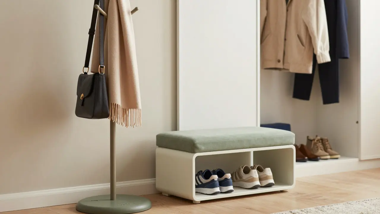 Kombinace volně stojícího věšáku a lavičky s botníkem v útulné hale.