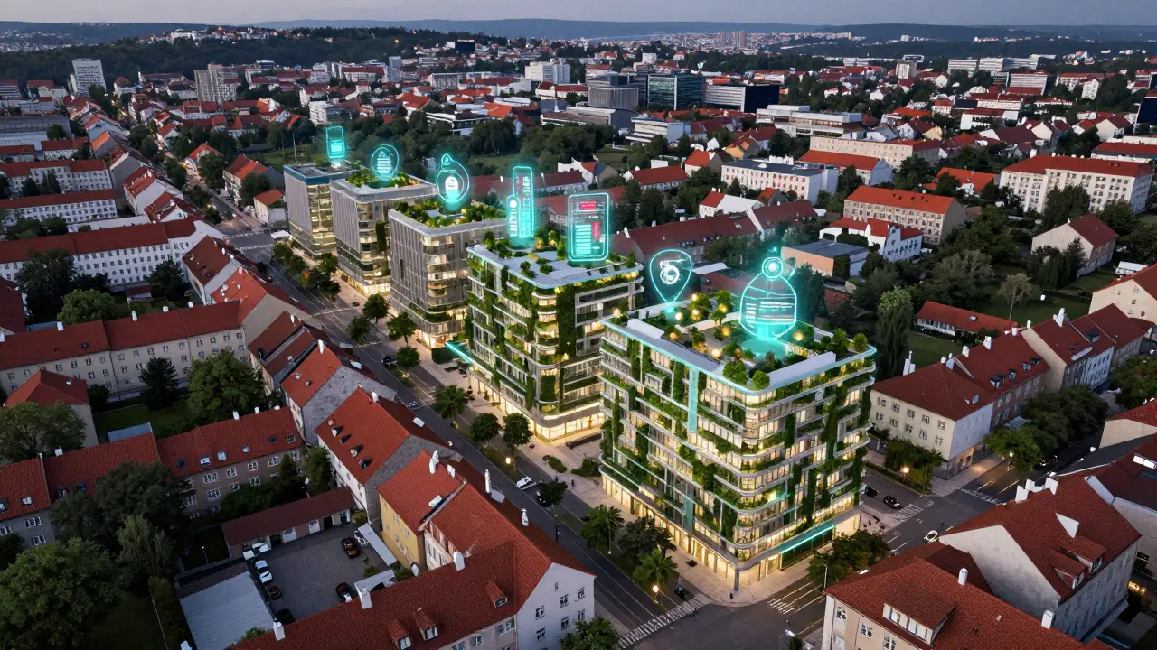 Konceptualizace Prahy jako smart city s digitálními službami a zelení.
