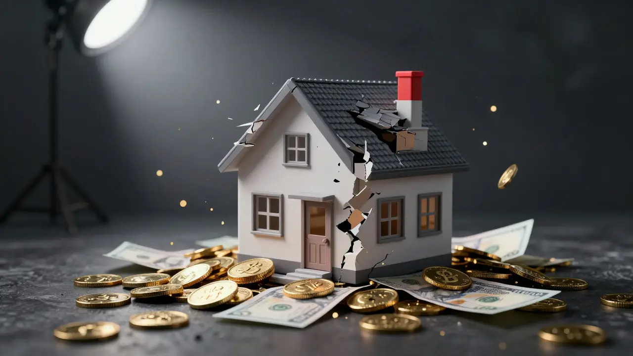 Konceptuální obraz domu rozpadajícího se do hromad peněz