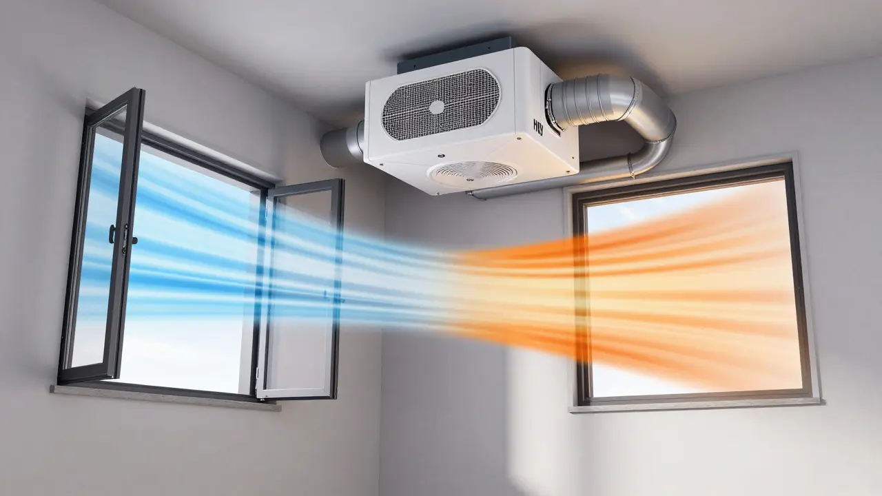 Konceptuální schéma intenzivního větrání a rekuperační jednotky v domě.