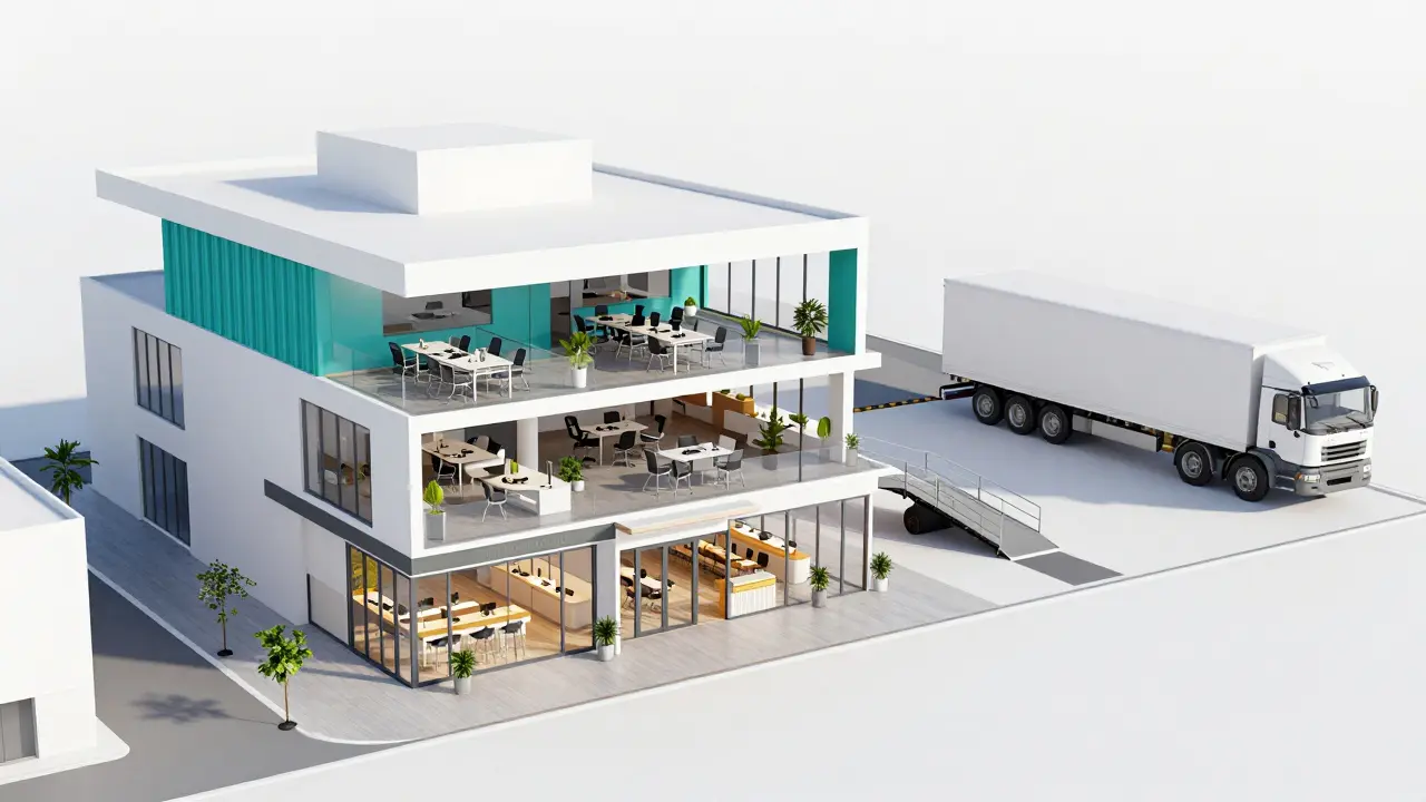 Konceptuální vizualizace multifunkční budovy s obchodem, kanceláří a skladem.
