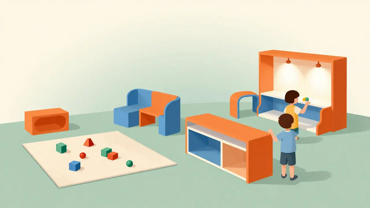 Konceptuální znázornění evoluce hrací zóny od batolete do školního věku.