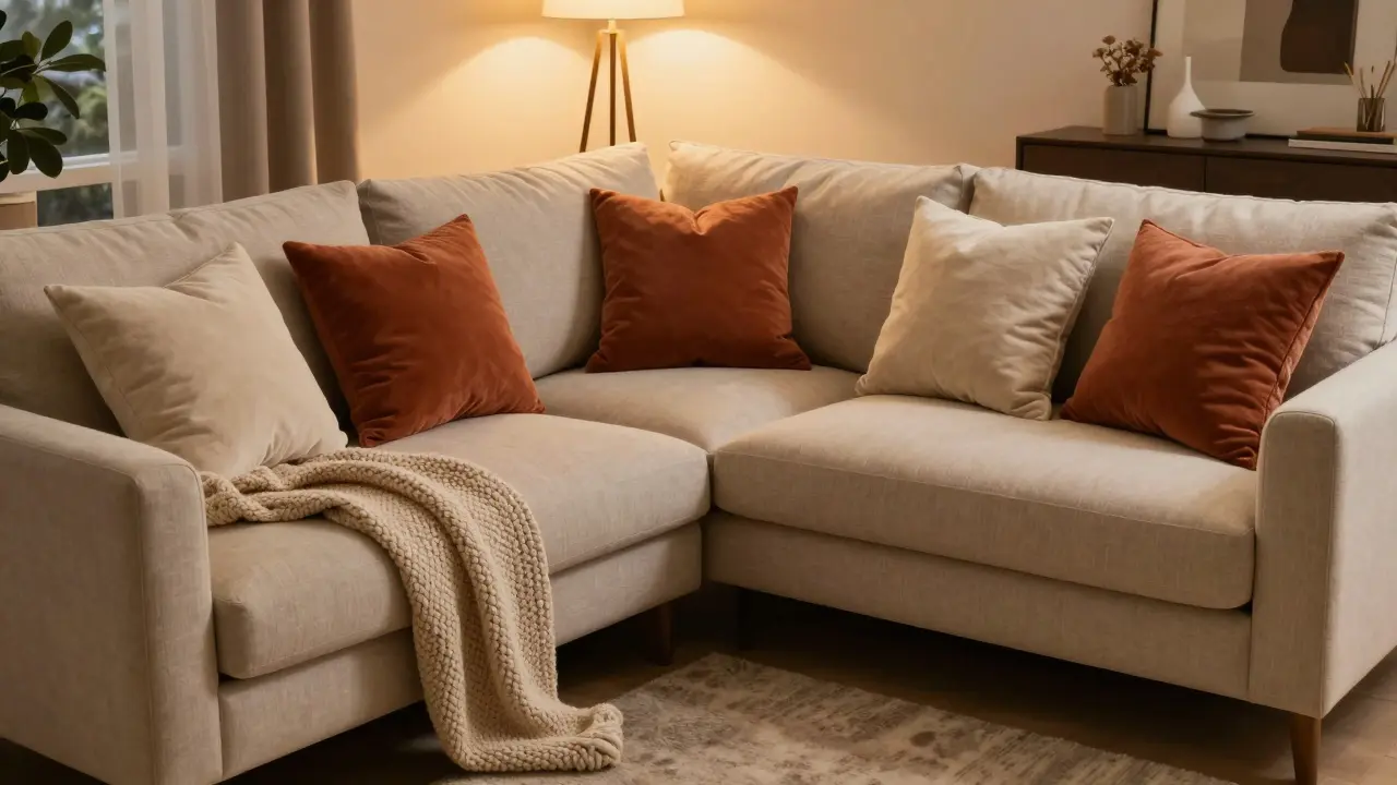 Kout s rohovou sedací soupravou, polštáři v terakotových odstínech a pletenou přikrývkou.