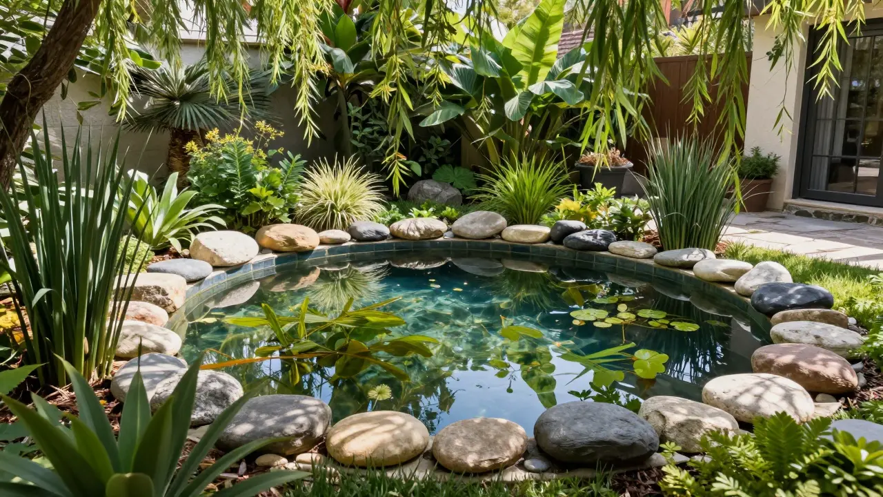 Křišťálově čistý zahradní biotop s vodními rostlinami a přírodními kameny.