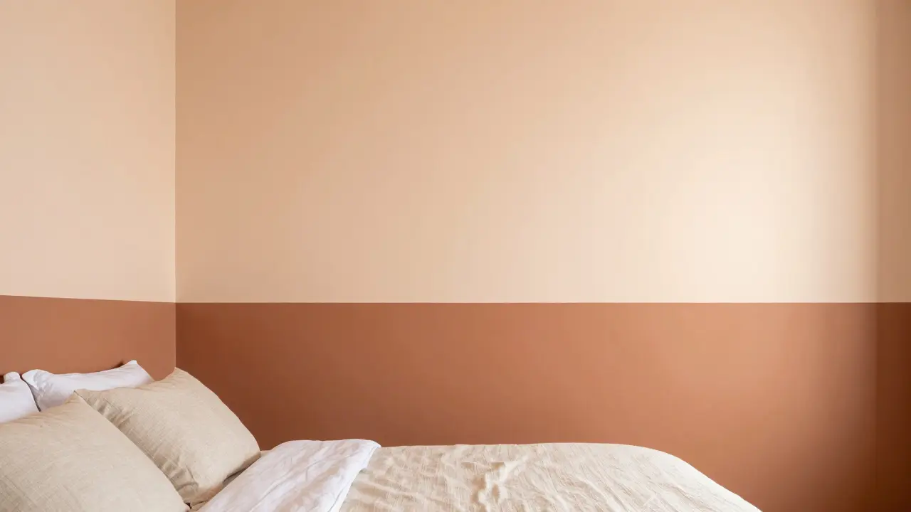 Ložnice s horizontálním dělením stěn v terakotových a krémově růžových odstíncích.